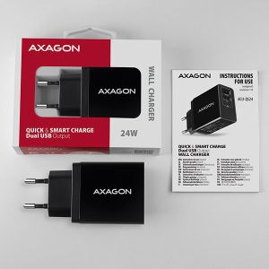 AXAGON ACU-QS24, QC & SMART nabíjačka do siete 24W, 2x USB-A port, QC3.0/AFC/FCP + 5V/1.2A ACU-QS24