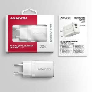 AXAGON ACU-PQ20W nabíjačka do siete 20W, 2x port (USB-A + USB-C), PD3.0/PPS/QC4+/AFC/Apple, biela ACU-PQ20W