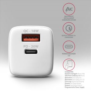 AXAGON ACU-PQ20W nabíjačka do siete 20W, 2x port (USB-A + USB-C), PD3.0/PPS/QC4+/AFC/Apple, biela ACU-PQ20W