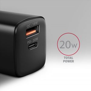 AXAGON ACU-PQ20 nabíjačka do siete 20W, 2x port (USB-A + USB-C), PD3.0/PPS/QC4+/AFC/Apple, čierna ACU-PQ20