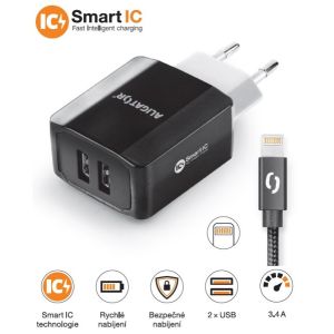 Múdra sieťová nabíjačka ALIGATOR 3.4A, 2xUSB, smart IC, čierna, kábel pre iPhone/iPad 2A CHS0001