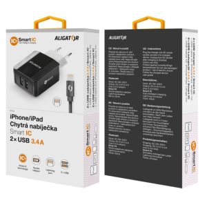 Múdra sieťová nabíjačka ALIGATOR 3.4A, 2xUSB, smart IC, čierna, kábel pre iPhone/iPad 2A CHS0001