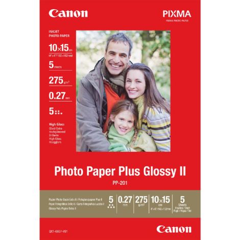 Canon Glossy Photo Paper, PP-201, fotopapír, lesklý, 2311B053, bílý, 10x15cm, 4x6", 275 g/m2, 5 ks, neuvedeno