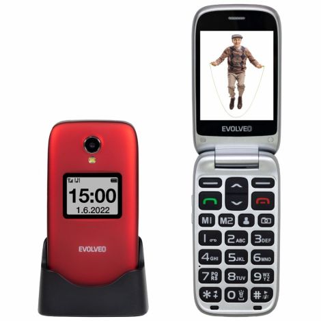 EVOLVEO EasyPhone FS, vyklápací mobilný telefón 2.8" pre seniorov s nabíjacím stojanom (červená farba EP-771-FSR