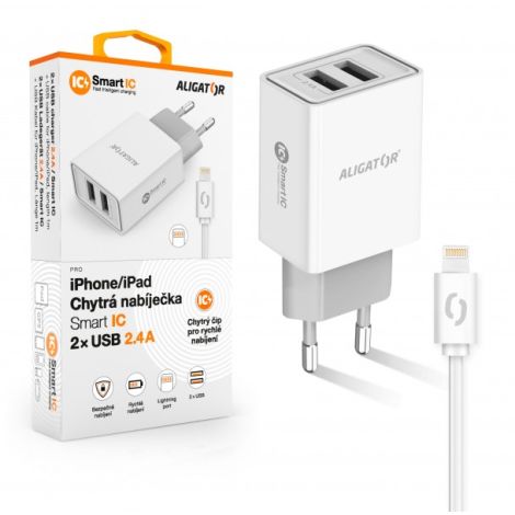 ALIGATOR Chytrá sieťová nabíjačka 2,4A, 2xUSB, smart IC, biela, USB kábel pre iPhone / iPad CHA0036