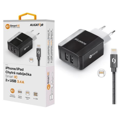 Múdra sieťová nabíjačka ALIGATOR 3.4A, 2xUSB, smart IC, čierna, kábel pre iPhone/iPad 2A CHS0001